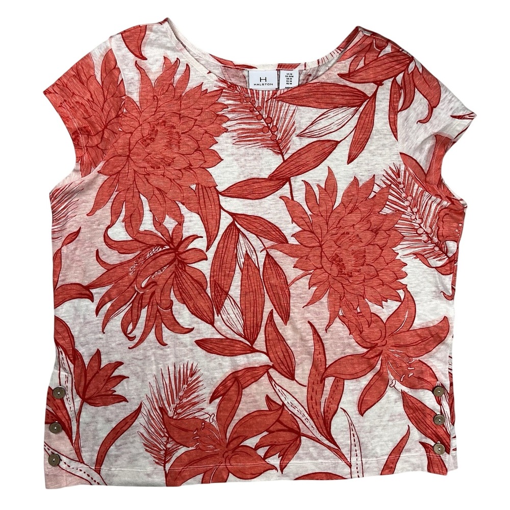 H Halston Orange Floral Print 100% Linen Shirt Top Sz Medium Short Sleeve Summer